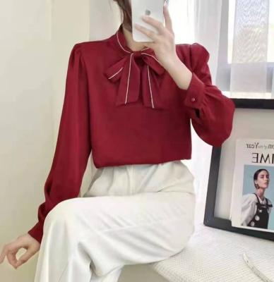 China Anti-pilling LELE Fashion Tending Women's Elegant Formal Shirts Silk High Neck Puff Sleeve Blouse Stain Casual Tops for sale