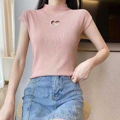 China Breathable Ladies' Blouses Designs Fashion Hollow Style Short Sleeve Korean Sweetheart Knit Woman Tops for sale