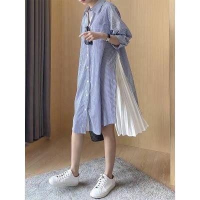 China Wholesale Casual Stripe Hot Irregular Solid Woman Turn-Down Collar Patchwork Siyu Shirt Dress for sale