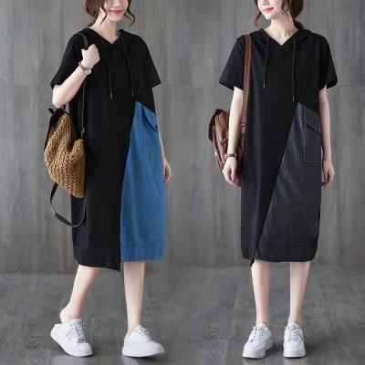 China Contrast breathable casual loose hooded drawstring color siyu pocket patchwork denim shorts big sleeve dress for women for sale