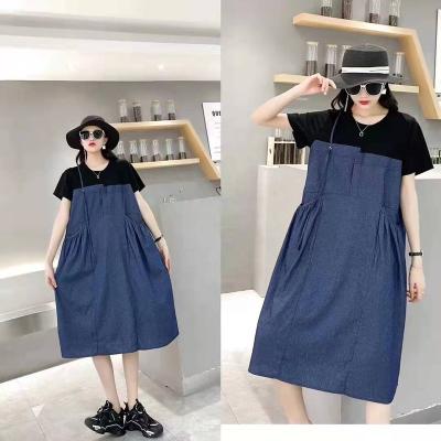 China Breathable Custom Made Women Casual Splice Denim Dress Mingxin Sleeve Fray Edge Short T-shirt Dress for sale