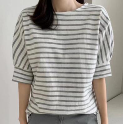 China Butterfly Sleeve Womens Tee Jenny Short Puff Sleeve Striped Basic Shirts Ladies Slim Lower O Neck T-Shirt for sale