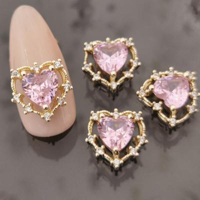 China Nail Charms Luxury Korean Designer Luxury Korean Charms For Valentine's Day Heart Jewelry Nail Art Zircon Gem Stones Gold Frame Nail Decoration for sale