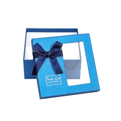 China China Recyclable Manufacture Clear Window Cover Shining Blue Card Panel Gift Packing Box With Ribbon for sale