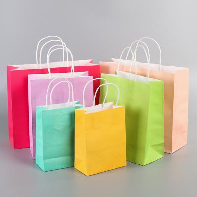 China Factory Pink Bulk Recyclable Take Away Custom Logo Kraft Paper Food Shopping Packaging Bags With Handle for sale