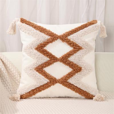 China Home Decorative Cotton Woven Cushion Cover Handmade Tufted Geometric Moroccan Striped Anti-Static Throw Pillow Case Tassel Living Room for sale