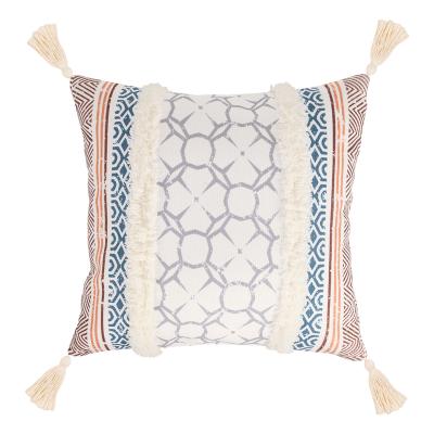 China 2021 Wholesale Anti-static Decorative Farmhouse Autumn Boho Blue Tile Covers Cotton Jacquard Tufted Pillow Cover Customized 18x18 for sale