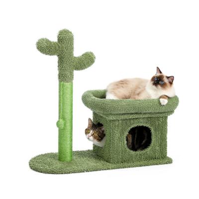 China Sustainable Cactus Cat Tree Tower House With Sisal Covered Scratch Comfortable Plush Perch Dangling Pole Housing Ball For Indoor Cats for sale