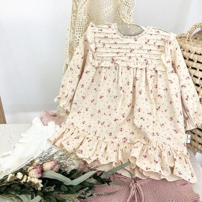 China Baby Spring And Autumn Floral Pleated Dress Girls Washable Cotton Lace Up Nordic Cotton Long Sleeve Dress for sale