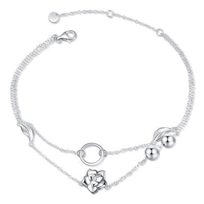 China FASHIONABLE Circle Leaf Circle Bracelet 925 Sterling Silver Jewelry Rose Flower Adjustable Double Layer Anklet for sale