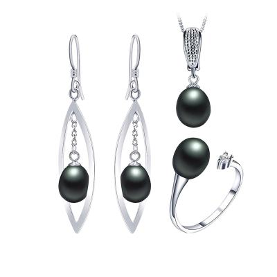 China Lead And Nickel Silver Jewelry Manufacturer S925 Black Pearl Necklace Earrings And Ring Set for sale