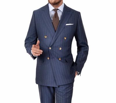 China Anti-Shrink Tailored Canvas Blue Stripe Wedding Tuxedo Men Half Double Breasted Suits for sale