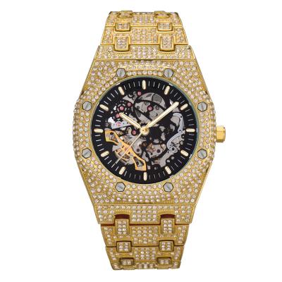 China Wholesale Alarm Full Diamond Luxury Men's Yellow Gold Hiphop Automatic Mechanical Watches for sale