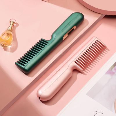 China Outdoor Electric Cordless Hair Straightener and Curling 2 in 1 Comb Mini Usb Charging Hot Straightening Dry Comb Brush for sale