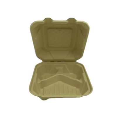 China Sustainable 3 Compartment Caterer's Lunch Box 9 Inch Square Biodegradable Lunch Box Packaging Disposable Bagasse Clamshell for sale