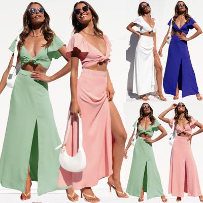 China 2022 washable spring and summer stretching chiffon straight beach fashion skirt slit leisure bandage tube two-piece set for sale