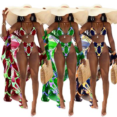 China Printing 2022 Wholesale Sexy Women Swimwear Beach Wear Swimwear Bikini Hot Bandage Floral Printing 3pcs Swimwear Girls Swimwear for sale