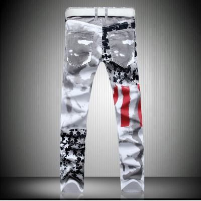 China Wholesale QUICK DRY mens white five-pointed star print American flag red bar jeans plus size jeans for sale