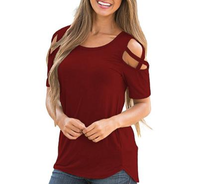 China Breathable Criss-Cross Chill Short Sleeve Shirts Ruffle Top Summer Apparel Women Solid Shirts for sale