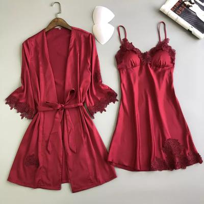 China Pajamas Sexy Set of 2 Piece Sale Sleepwear Lace Camisole Long Robe Comfortable High Quality Short Silk Hot Sexy Silk QUICK DRY Nightgown for sale