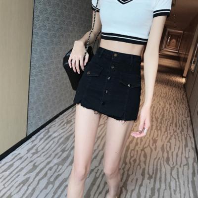 China X-Mier breathable 2022 summer fashion shorts All-match high waist cowboy button bag hip bust jeans ripped denim fringe skirt for sale