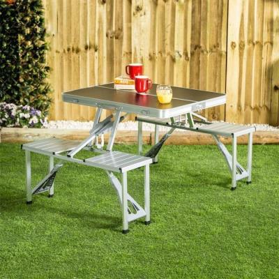 China Outdoor Table Aluminum Portable Folding Picnic Camping Outdoor Table With 4 Built In Seats 4ft Camp Beach Desk Built In Style Two Benches for sale