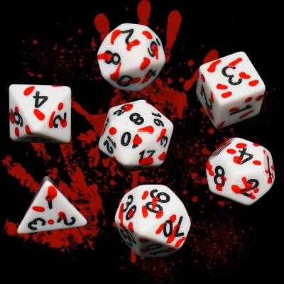 China Engrave Amazon Blood Splatter 7Pcs Polyhedral Dice Set With Irregular Spray Red Dots For Board Game Props Role Playing Dice Games for sale