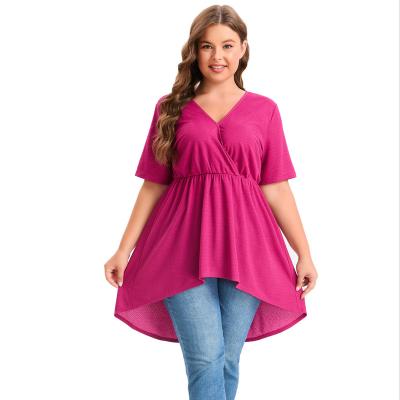 China Plus Size Customized Fashionable Women's Clothing Plus Size Elastic Mid-Body Edge Blouse OEM Short Sleeve V-Neck Bottoms for sale