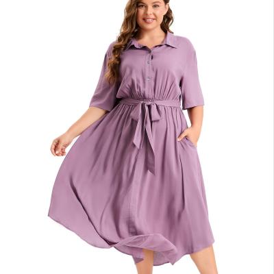 China Customized Fashionable Women Sustainable Clothing Solid Button Pocket Shirt Collar Belted Maxi Dress OEM Manufacturer for sale