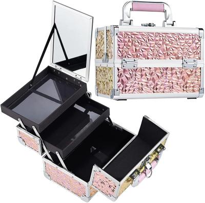 China Large Capacity Vanity Case Makeup Box With Mirror Portable Travel Organizer Beauty Box Train Cosmetic Box Make Up Storage Case for sale