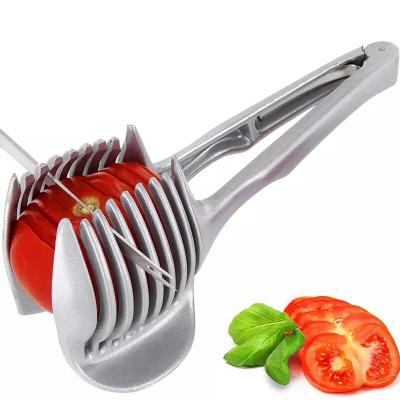 China Sustainable Tomato Lemon Slicer Holder Round Fruits Onion Shreader Cutter Guide Tongs With Handle Kitchen Cutter Potato Lime Food Holder for sale