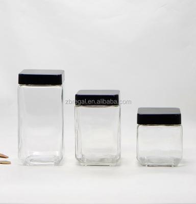 China Sustainable Clear Square Glass Canister S/3 Jars With Black Top Lid for sale