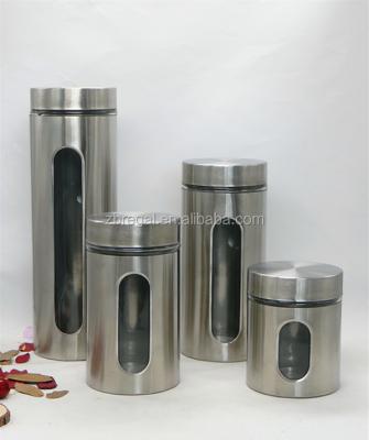 China Sustainable S/4 Stainless Steel Cylinder Kitchen Canister, Glass Window Storage Jars Set for sale