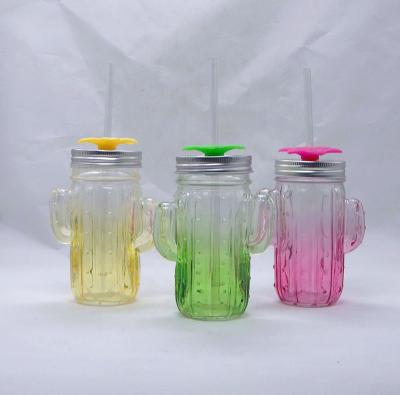 China Cactus Viable Glass Mason Drinking Jar with Flower Straw Lids for sale