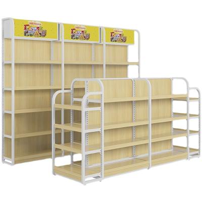 China Double Sided Layout Luxury Commercial Wooden Supermarket Grocery Shelf Office Square Gondola Shelving for sale