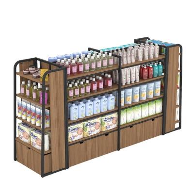 China Wooden double sided food cabinet supermarket single sided display stand for sale