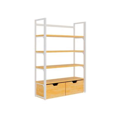 China New Design Double Sided Steel Frame and Soild Wood Display Rack for MINISO Mini Retail Store Market for sale