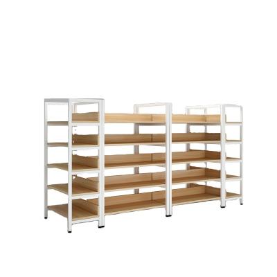 China Customized Double Sided Steel Wooden Supermarket Shelving Shop Gondola Display Stands For Sale for sale