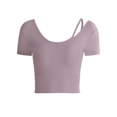 China Breathable Crop Top Back Cross Solid Color Workout Woman Yoga T-Shirt For Lady for sale