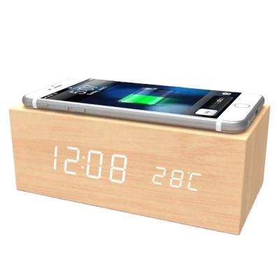 China New Arrival Electric Vehicle Qi Charging Pad Voice Control Alarm Clock Charging Board Wooden Wireless Charger Wireless Radio Phone Alarm Clock for sale