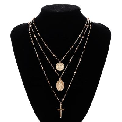 China BOHEMIA Chain Three Flat Layer Cross Coin Fashion Jewelry2021 Trendy Set Bridal 18k Gold Plated Chain Pendants For Necklace Choker Women for sale