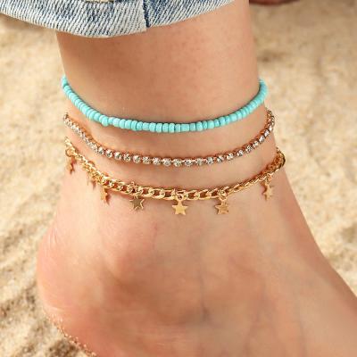 China Cute Initial BOHEMIA Cuban Link Gold Plated Ancle Diamond Bead Anklet With Charms Chain Payal For Women Bracelet Jewelry Beaded Shell for sale