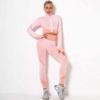 China SMART FABRIC Fashion Zipper Up Seamless Sports Suit High Waist Yoga Long Sleeve Leggings Workout Running Set for sale