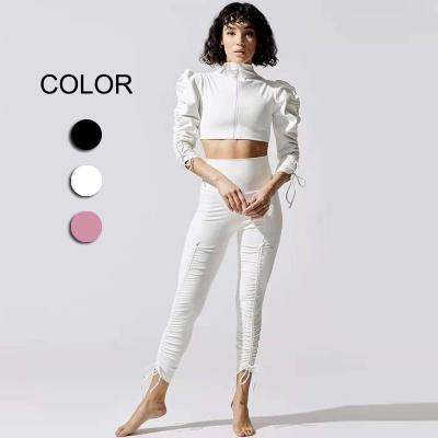 China High Waist Long Puff Sleeve Breathable Drawstring Top Bowknot Zipper Top Leggings 2 Piece Yoga Set For Women for sale