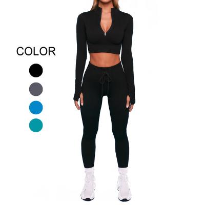 China QUICK DRY Sexy Long Sleeve Zipper Top Drawstring Pants Workout Clothing Women Set for sale