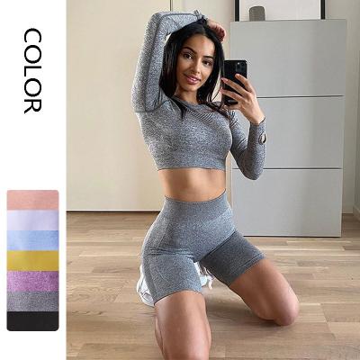 China 2021 SMART FABRIC Amazon High Waist Yoga Shorts For Women Long Sleeve Tops Running Tummy Control Workout Gym Clothing Sets for sale