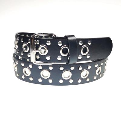 China Fashional Casual Punk Men's Black PU Leather Belt With Eyelets Women's Studded Belts With Pin Buckle For Jeans Unisex Punk Style for sale