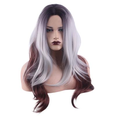 China Three-color Wave Black Silver White Gradient Regular Red-Brown Gradient Center Bangs Ladies Hair High Temperature Silk Wig for sale