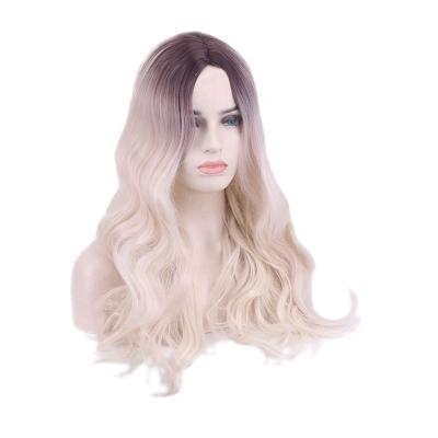 China Water Wave Black Gradient Gold Fluffy Wavy Curly Hair Big Long Natural Temperature Silk Daily Female Wigs 26 Inches Tall for sale