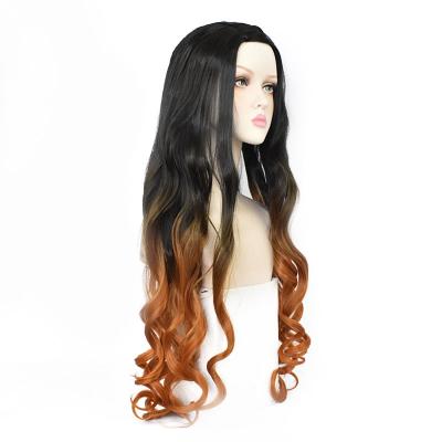 China COS High Temperature Silk Black Gradual Orange Curly Hair Regular Wave Long Partial To Big Scalp Girl Part Wig for sale